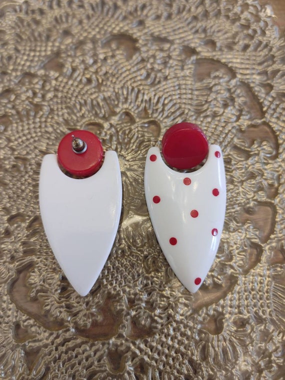 Vintage Red & White Polka Dot Drop Earrings 80s 9… - image 3