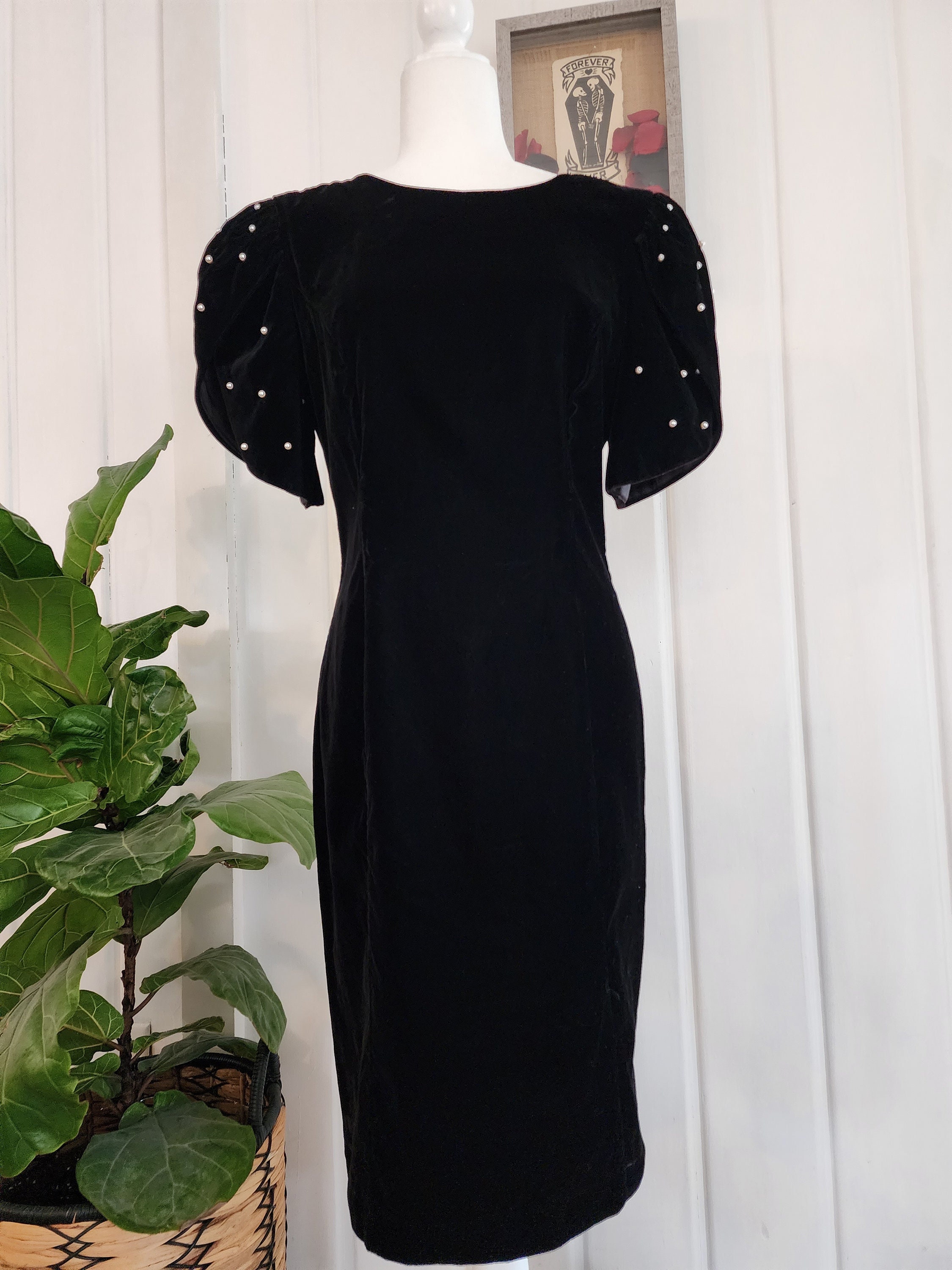 Vintage 80s/90s Velvety Black Puff Sleeve Pearl Cocktail Dress M - Etsy