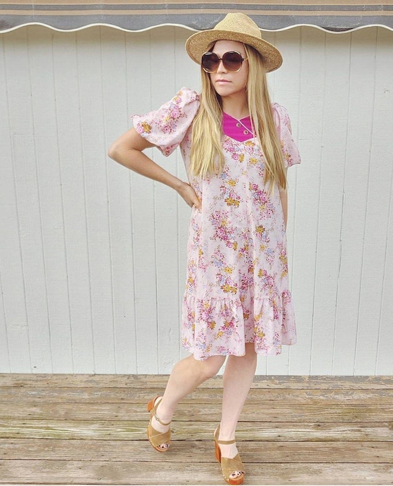 Vintage Cottage Core Puff Sleeve Floral Dress S/M - image 1