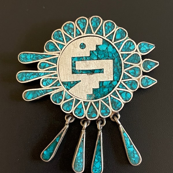 Vintage Rafael Dominguez Sterling Silver  and turquoise modernist brooch / pendant Mid Century Taxco #3 Eagle Mark - Estate Jewelry
