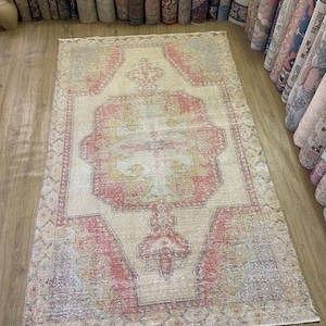Pale Red Turkish Oushak Rug: 5x7 Vintage Wool Rug