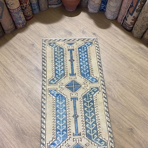 Small Blue Turkish Wool Rug: Handmade Door Mat (1’9”x3’3”)