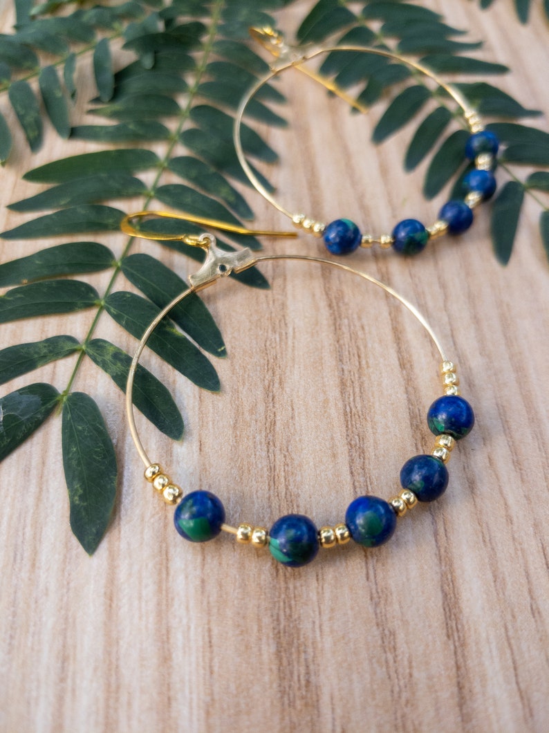 Azurite Dangle Hoop Earrings Beaded Gemstone Earrings Handmade Jewelry