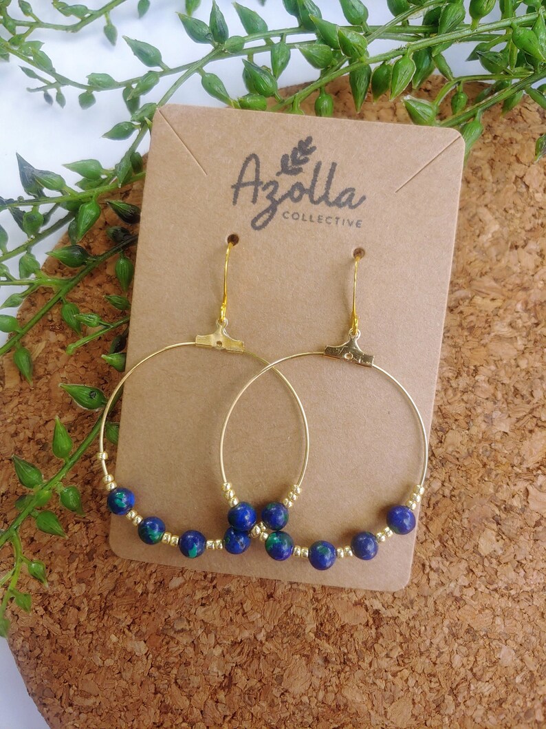 Azurite Dangle Hoop Earrings Beaded Gemstone Earrings Handmade Jewelry