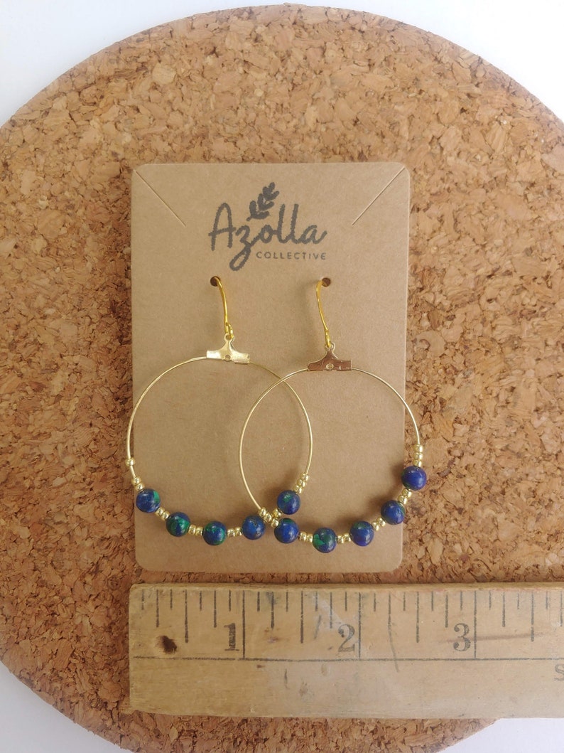 Azurite Dangle Hoop Earrings Beaded Gemstone Earrings Handmade Jewelry