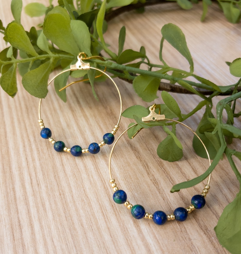 Azurite Dangle Hoop Earrings Beaded Gemstone Earrings Handmade Jewelry