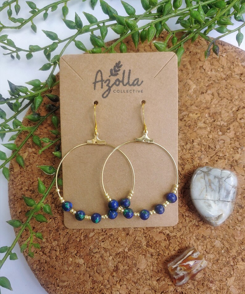 Azurite Dangle Hoop Earrings Beaded Gemstone Earrings Handmade Jewelry