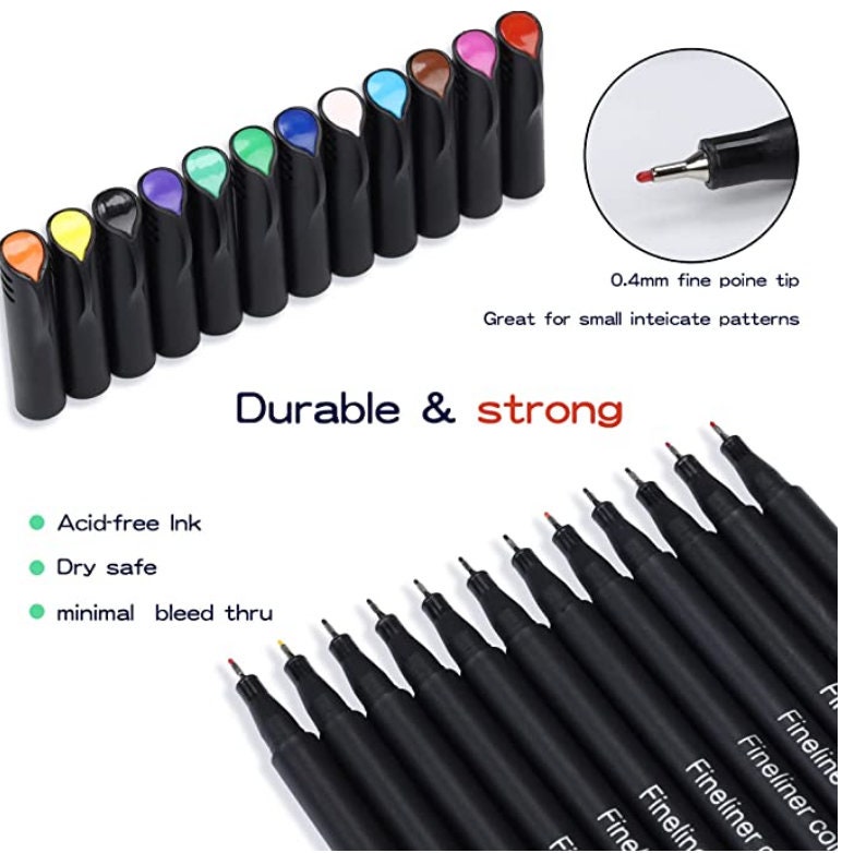 Liquidraw Colorful Pens for Note Taking, Set of 12 Fine Point Pen, Fineliner Pens 0.4mm Colored Pens Set, Fineliners Coloring Pens Markers for