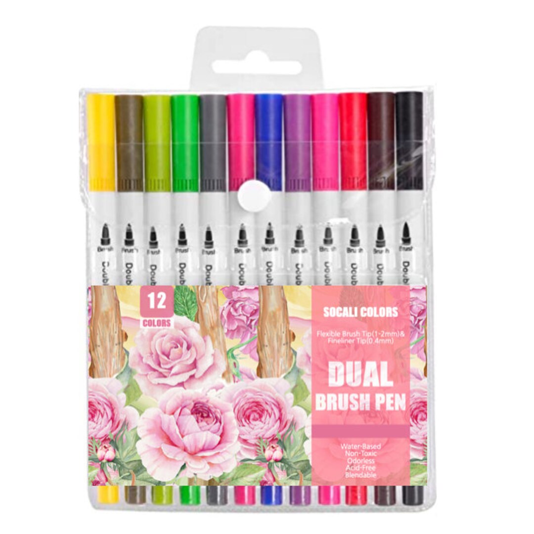 Pack of 12 Dual Tip Brush Art Marker Pens Coloring Markers Fine