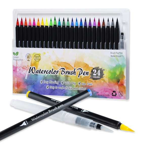 Watercolor Brush Pens 24 Vibrant Markers Pre-filled Color