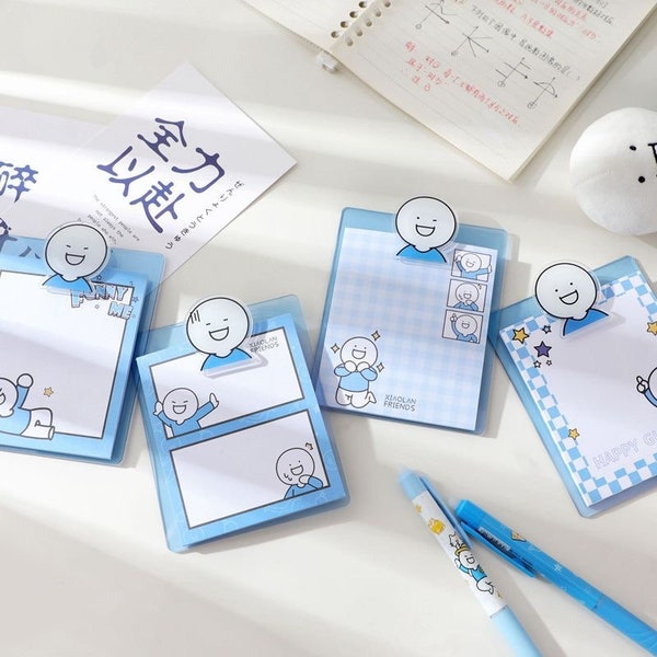 Blue Friend Sticky Notepad with PVC Clip Holder -  Memo Pad - Write Message on Notes Decorative Notepad - Note paper Memo