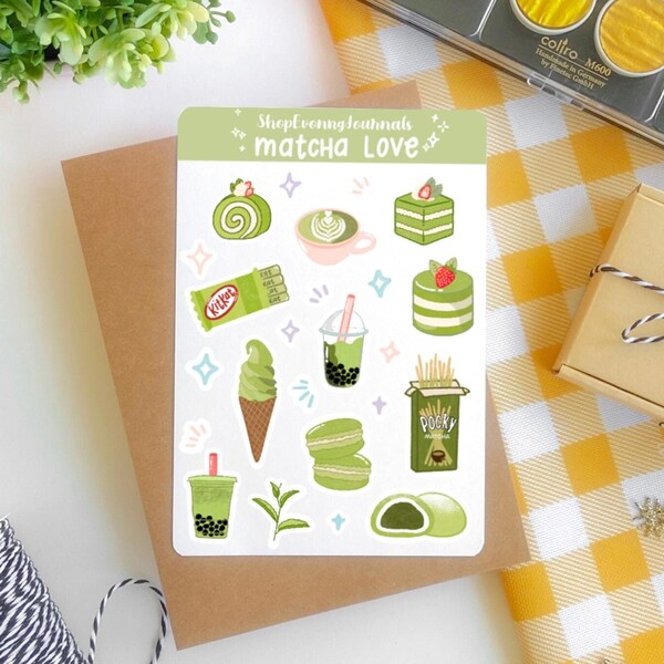 Matcha Love Sticker Sheet | bullet journal stickers, planner stickers, scrapbooking stickers, cute food stickers, matcha stickers