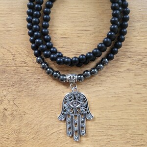 Hamsa Hand of Fatima Women and Mens beaded necklace. Hamsa Hand of Fatima Pendant.