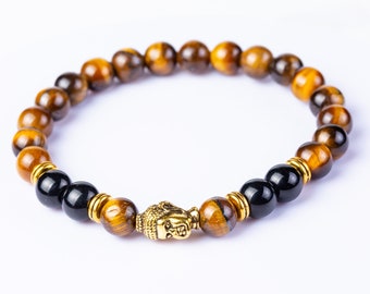 Men's  Tigers Eye beaded Chakra Bracelet. Meditation and Yoga Bracelet with beautiful Buddha Design