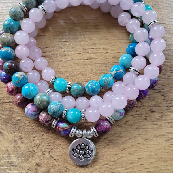 108 Mala Beads with  Rose Quartz, Amazonite and Jasper Stones. Stunning Meditation Necklace with Lotus Charm. Japa Mala. Prayer beads.