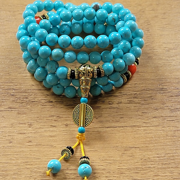 108 Mala Beads with Turquoise Stone  Meditation Necklace. Beautiful Tibetan Mala.  Japa Mala. Prayer beads.