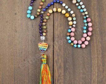 Beaded Mala Necklace with 7 Chakra Centre piece and Tassel. Stunning Meditation Necklace.