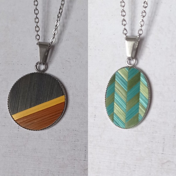 Collier argenté avec pendentif en marqueterie de paille, rond ou ovale, modèle unique, idée cadeau originale pour noel