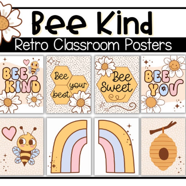 Bee Kind Retro Classroom Posters | Bulletin Board Decor | Bee Theme | Teacher Resources | Kindness | Classroom Decor | Back to School