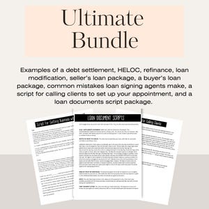May include: A black and white image of three pages of a document titled "Loan Document Scripts". The document includes scripts for getting business with loan documents, scripts for the settlement statement, and scripts for calling clients.