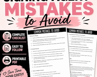 May include: A digital document titled Signing Agent Mistakes to Avoid featuring two white checklists with black text. The graphic includes pink circular icons for a checklist, document, and printer, plus a pink circle with the text Save Time.