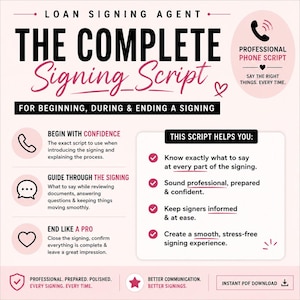 May include: A digital document titled Loan Signing Agent The Complete Signing Script for beginning, during, and ending a signing. It includes sections for phone scripts, professional guidance, and a checklist of benefits for loan signing agents.