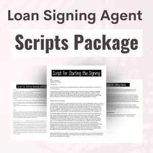 Pode incluir: Um conjunto de três scripts imprimíveis em preto e branco para agentes de assinatura de empréstimos. Os scripts são intitulados "Script para obter negócios com Escrow", "Script para iniciar a assinatura" e "Script para ligar para os clientes".