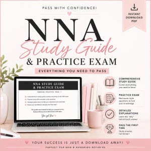 May include: A digital NNA Study Guide & Practice Exam document displayed on a laptop screen. The text reads Pass With Confidence, NNA Study Guide & Practice Exam, Everything You Need To Pass, and Your Success Is Just A Download Away.
