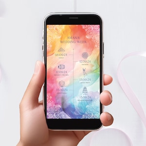 May include: A colorful smartphone screen displaying a wedding week schedule with dates and icons for each event. The events include:  Kalan, Matran, Sangeet/Pre-Wed, Jaggo Party, Anand Karaj, and Wedding Reception.