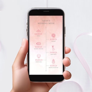 May include: A smartphone screen displaying a wedding week schedule with dates, times, and icons for each event. The events include: Karaj, Mehtrayan, Sangeet/Pre-Wed, Jaggo Party, Anand Karaj, and Wedding Reception.