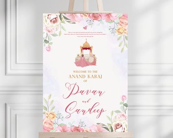 Letrero floral de bienvenida Sikh Anand Karaj: decoración para bodas indias (impreso o digital)