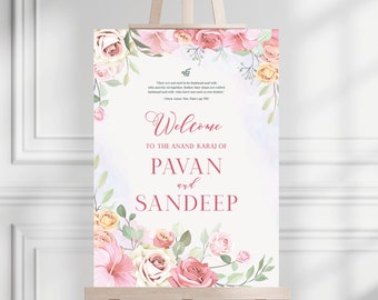 Letrero floral de bienvenida de Anand Karaj: decoración para bodas sijs (impreso o digital)