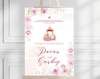 Cartel de bienvenida de Sikh Anand Karaj: Boda floral india (impreso o digital)