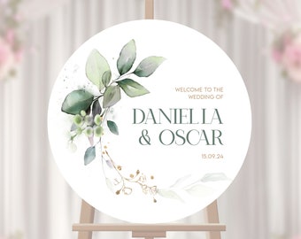Letrero floral de bienvenida para boda: decoración redonda con flores pastel