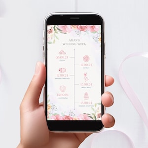 May include: A smartphone screen displaying a wedding week schedule with floral decorations. The schedule includes dates and times for events such as the Kavan, Matryan, Sangeet, Jaggo Party, Anand Karaj, and Wedding Reception.