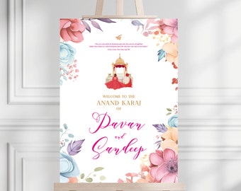 Cartel de bienvenida de Sikh Anand Karaj: Boda floral india (impreso o digital)