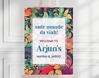 Letrero de bienvenida de Sade Munde Da Viah: decoración para bodas indias