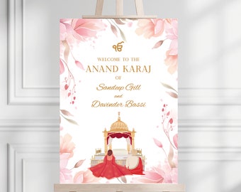 Cartel de bienvenida de Sikh Anand Karaj: Boda floral india (impreso o digital)