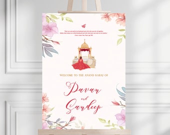 Letrero de bienvenida de Sikh Anand Karaj: Decoración floral para bodas (impresa o digital)