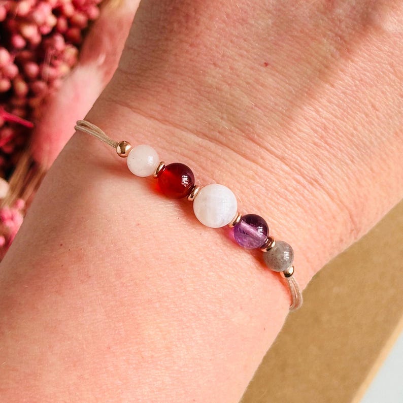 Hormonal balance bracelet featuring five crystals all believed to help with hormonal imbalance. Featuring rose quartz, amethyst, moonstone, carnelian and labradorite. Period bracelet, teen gift, hormone support, mood swings, period pain relief