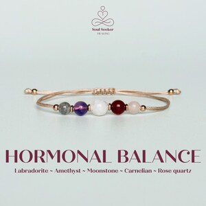 Hormonal balance bracelet featuring five crystals all believed to help with hormonal imbalance. Featuring rose quartz, amethyst, moonstone, carnelian and labradorite. Period bracelet, teen gift, hormone support, mood swings, period pain relief