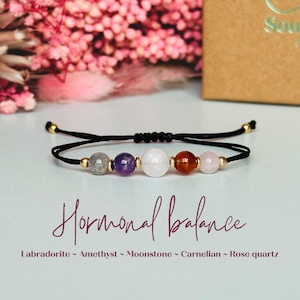 Hormonal balance bracelet featuring five crystals all believed to help with hormonal imbalance. Featuring rose quartz, amethyst, moonstone, carnelian and labradorite. Period bracelet, teen gift, hormone support, mood swings, period pain relief