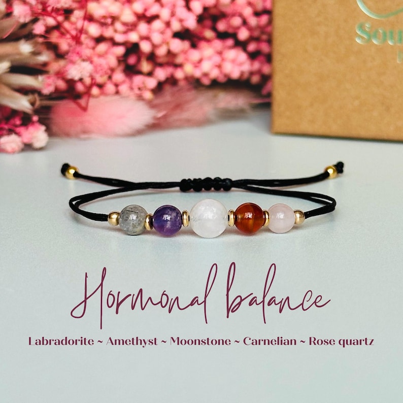 Hormonal balance bracelet featuring five crystals all believed to help with hormonal imbalance. Featuring rose quartz, amethyst, moonstone, carnelian and labradorite. Period bracelet, teen gift, hormone support, mood swings, period pain relief