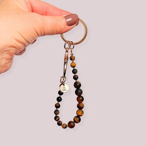 Tigers eye breathwork beads, frosted crystal meditation aid, natural gemstone keyring, counted breathing bag charm, relaxation stones