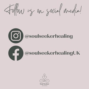 May include: Follow us on social media! Instagram handle @soulseekerhealing and Facebook handle @soulseekerhealingUK. Soul Seeker Healing logo with a stylized infinity symbol and the words Soul Seeker Healing.
