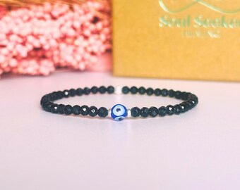 Black tourmaline protection bracelet, Turkish evil eye bead jewellery, dainty silver crystal healing gift, minimalist stacking present