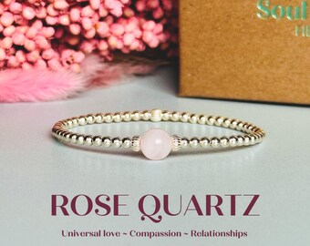 Sterling Silver Rose Quartz Bracelet: Handmade Heart Chakra Healing Jewellery
