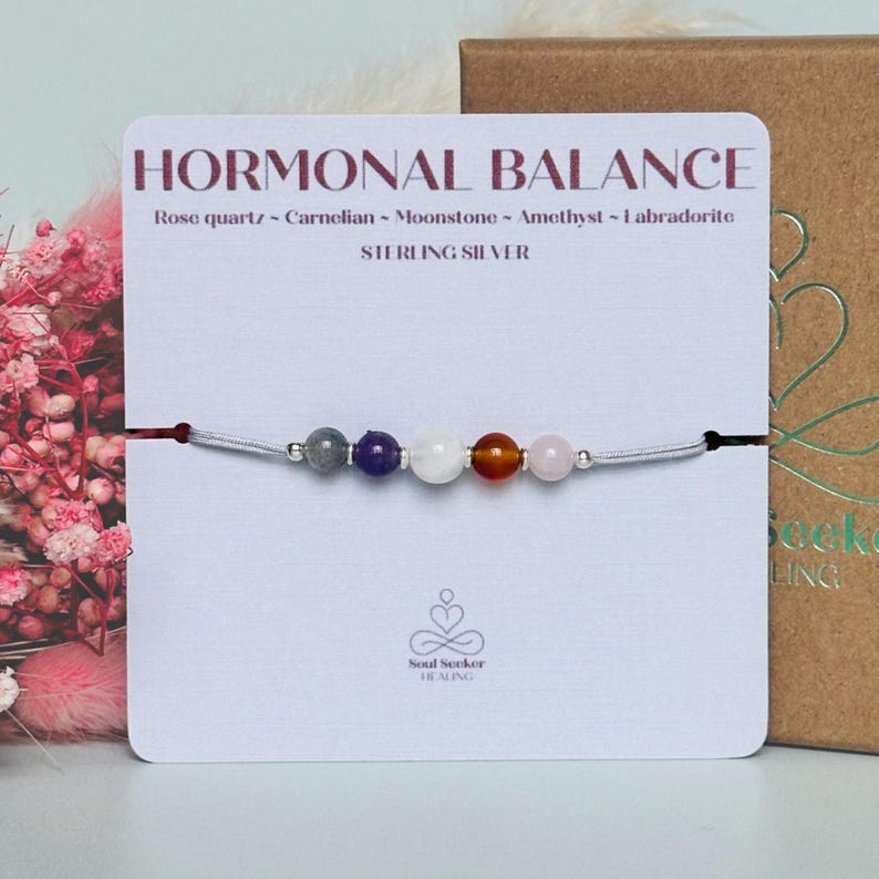 Hormonal balance bracelet featuring five crystals all believed to help with hormonal imbalance. Featuring rose quartz, amethyst, moonstone, carnelian and labradorite. Period bracelet, teen gift, hormone support, mood swings, period pain relief