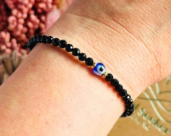 Black tourmaline protection bracelet, Turkish evil eye bead jewellery, dainty faceted crystal healing gift, minimalist stacking present