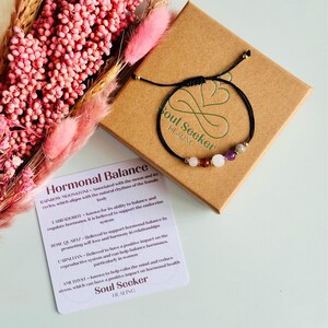 Hormonal balance bracelet featuring five crystals all believed to help with hormonal imbalance. Featuring rose quartz, amethyst, moonstone, carnelian and labradorite. Period bracelet, teen gift, hormone support, mood swings, period pain relief